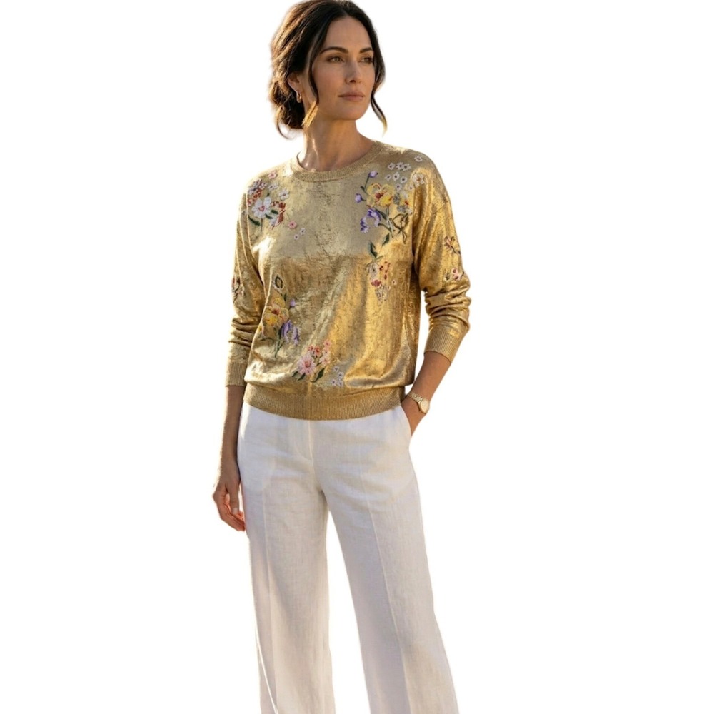 Ralph Lauren Collection Embellished Foiled Silk Crewneck Sweater‎ Gold Floral XL
